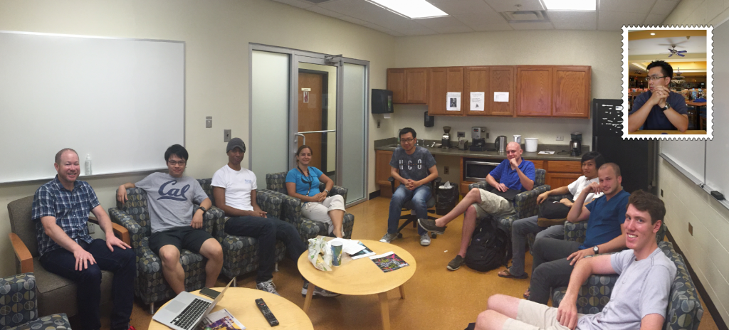 Taken Aug 2015. L-R: Wise, Shi, Barrow, Aykutalp, Ge, Gilbert, Koh, Cunningham, Nelson. Inset: Park. Taken by postdoc Claudia Lazarro on her last day at the CRA!